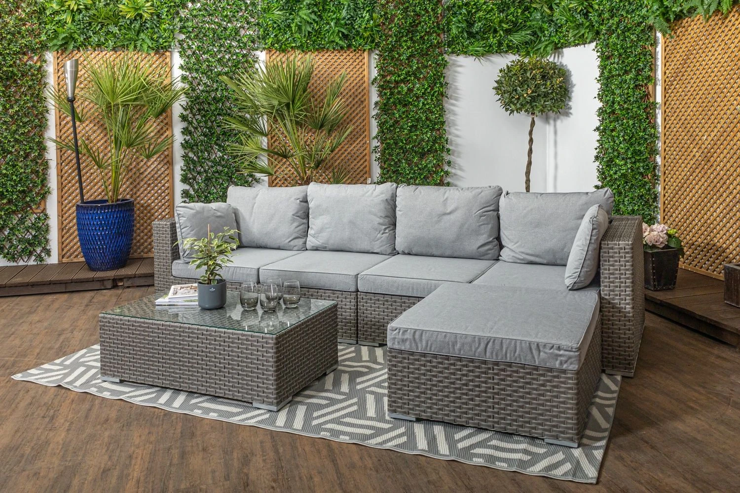 Monte Carlo - High Back Rattan Garden Furniture Sofa Set With Coffee Table, Grey Cushions And Stool - Image 2