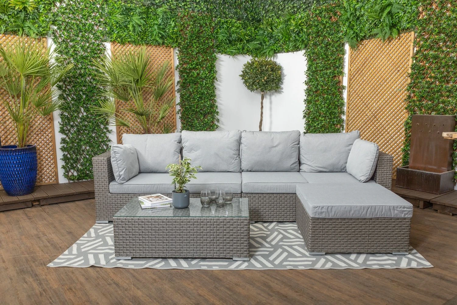 Monte Carlo - High Back Rattan Garden Furniture Sofa Set With Coffee Table, Grey Cushions And Stool - Image 3