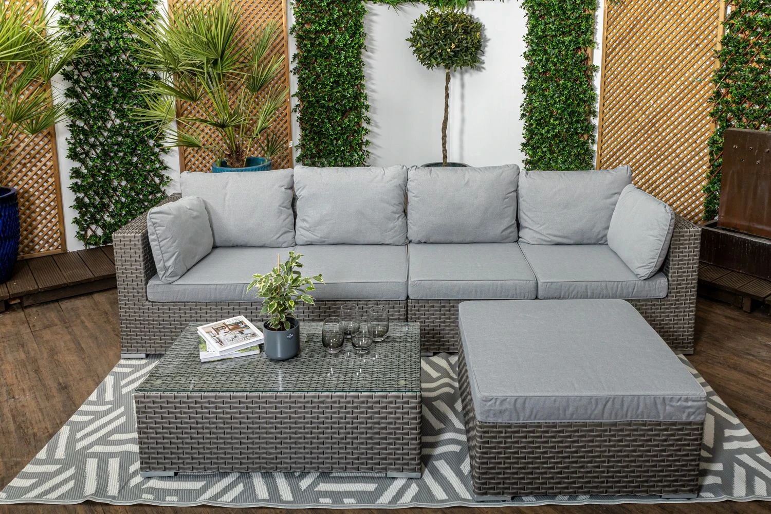 Monte Carlo - High Back Rattan Garden Furniture Sofa Set With Coffee Table, Grey Cushions And Stool - Image 7