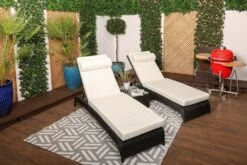 Savona - Luxury Loungers #BLK - Pair Of Black Rattan Sun Loungers With Cream Cushions And Side Table