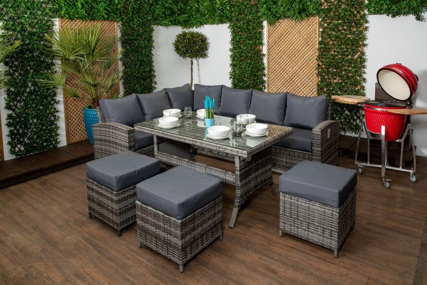 Palma Grey Rattan Casual Dining Sofa Set - High Backed With Dining Table, Three Stools & Cushions Included - Image 3