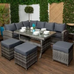 Palma Grey Rattan Casual Dining Sofa Set - High Backed With Dining Table, Three Stools & Cushions Included