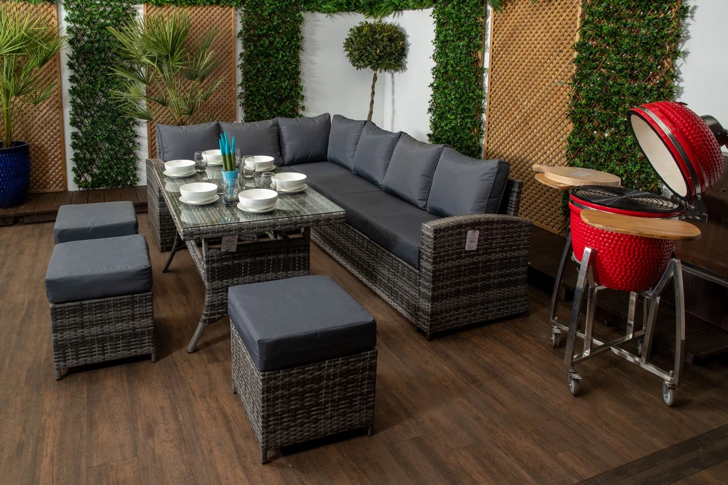 Palma Grey Rattan Casual Dining Sofa Set - High Backed With Dining Table, Three Stools & Cushions Included - Image 2