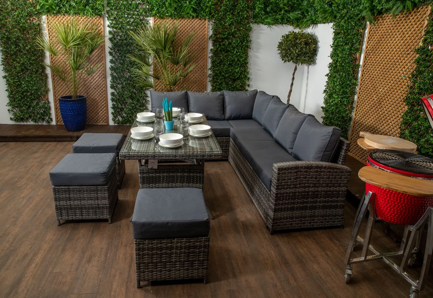 Palma Grey Rattan Casual Dining Sofa Set - High Backed With Dining Table, Three Stools & Cushions Included - Image 4