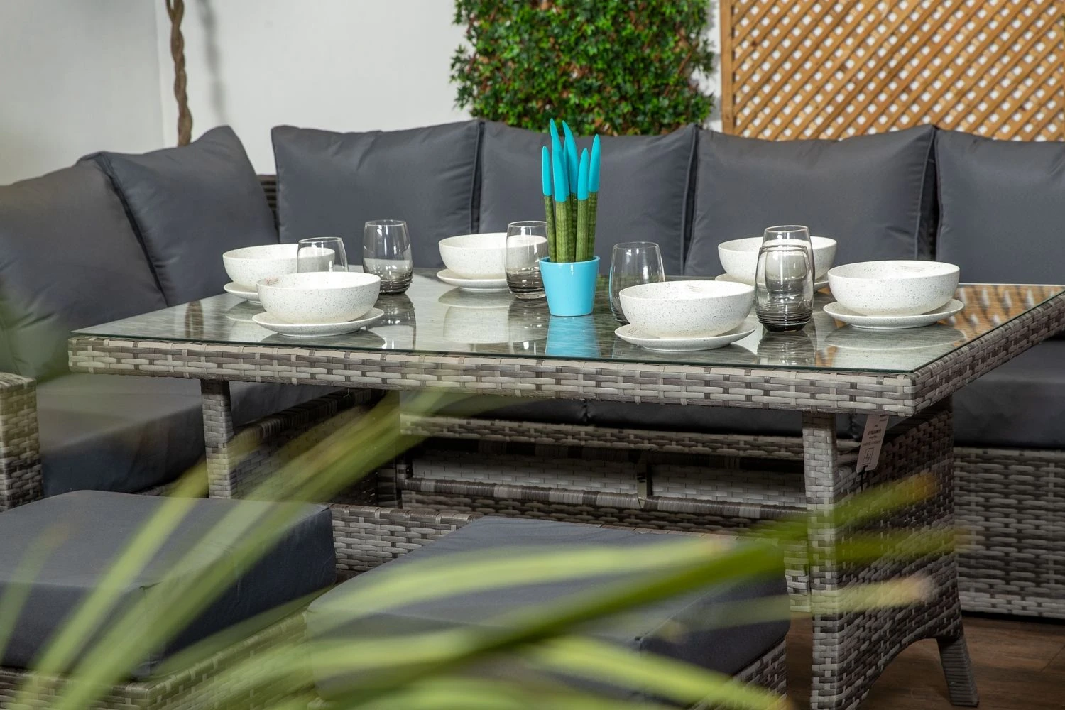 Palma Grey Rattan Casual Dining Sofa Set - High Backed With Dining Table, Three Stools & Cushions Included - Image 10