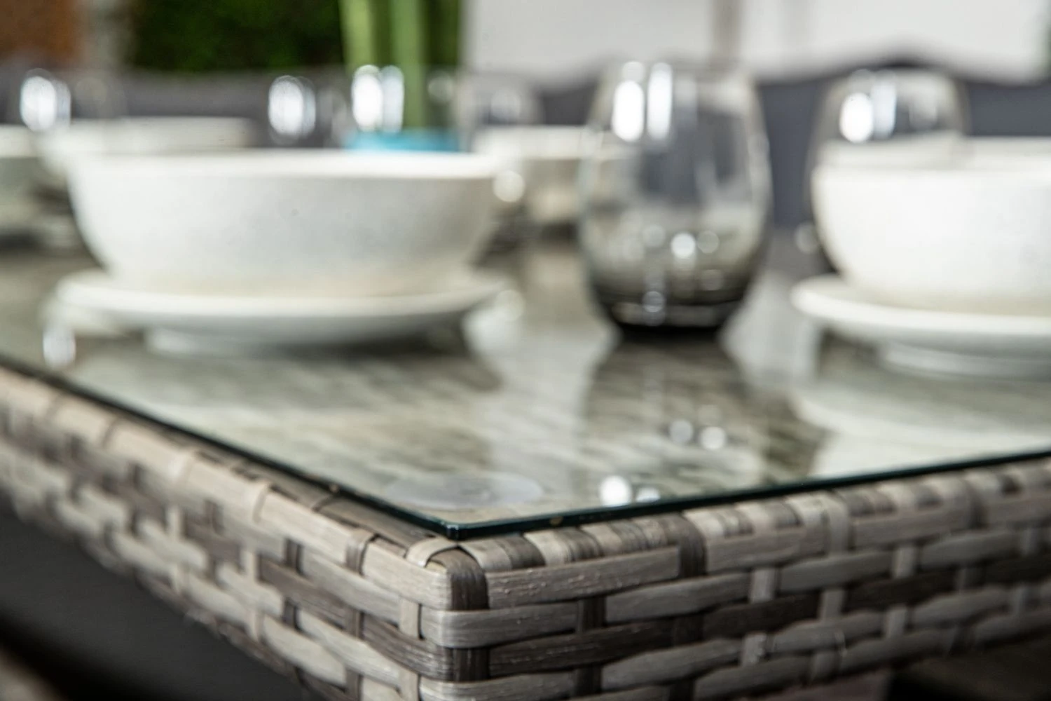 Palma Grey Rattan Casual Dining Sofa Set - High Backed With Dining Table, Three Stools & Cushions Included - Image 15