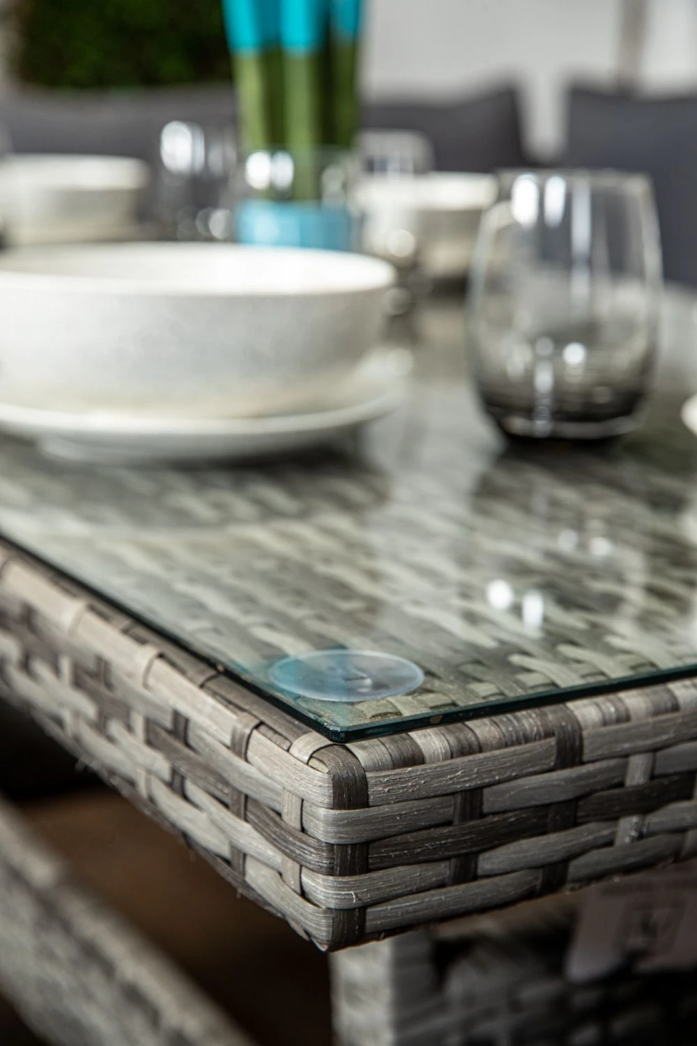 Palma Grey Rattan Casual Dining Sofa Set - High Backed With Dining Table, Three Stools & Cushions Included - Image 12