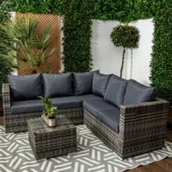 Mykonos - Luxury Grey & Anthracite Compact Corner Sofa Set With Glass Topped Coffee Table & Cushions Included