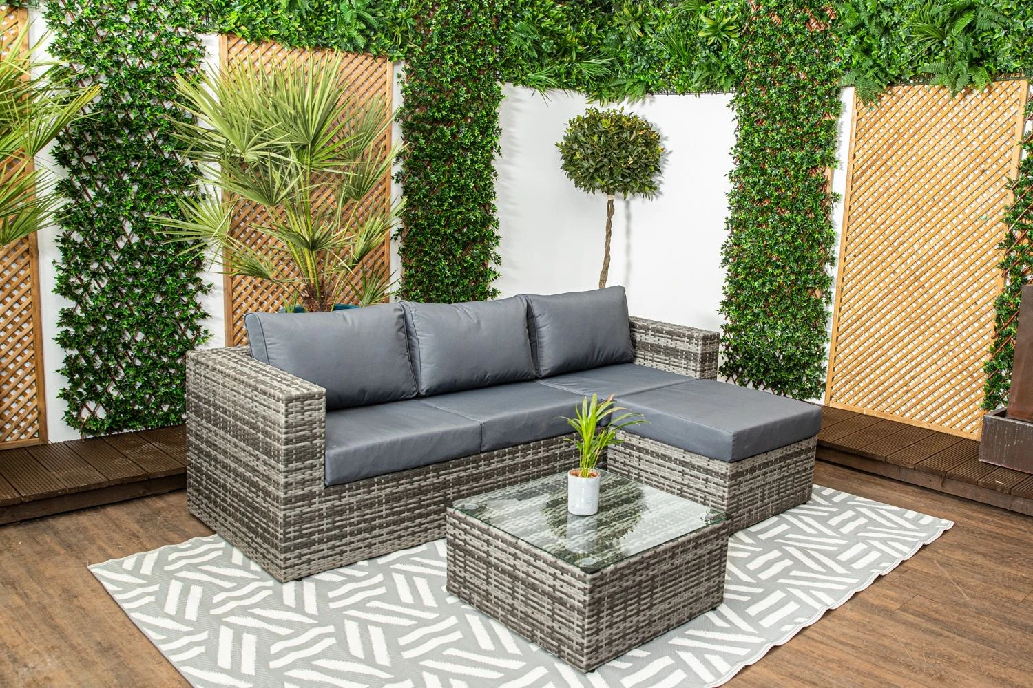 Barcelona - Grey Rattan Sofa Set With Glass Topped Coffee Table, Stool & Cushions - Image 5