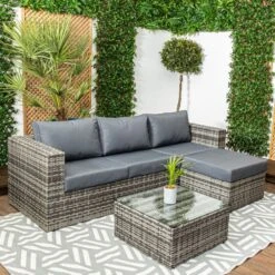 Barcelona - Grey Rattan Sofa Set With Glass Topped Coffee Table, Stool & Cushions