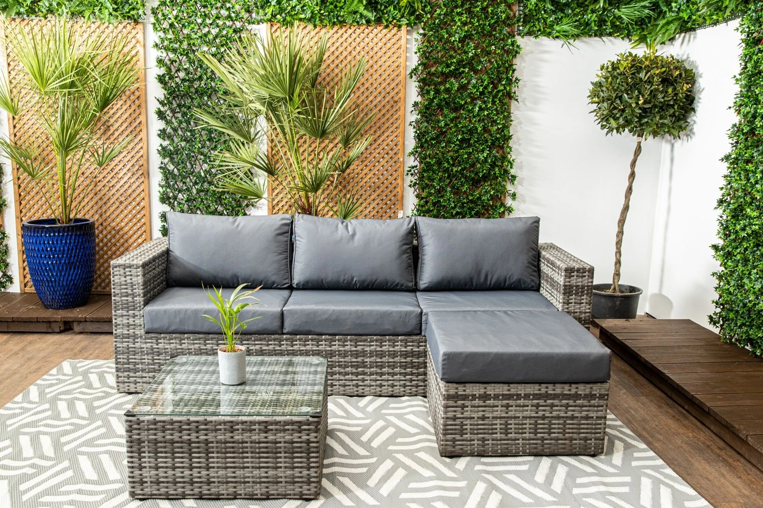 Barcelona - Grey Rattan Sofa Set With Glass Topped Coffee Table, Stool & Cushions - Image 3