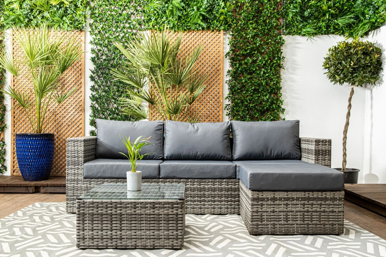 Barcelona - Grey Rattan Sofa Set With Glass Topped Coffee Table, Stool & Cushions - Image 4