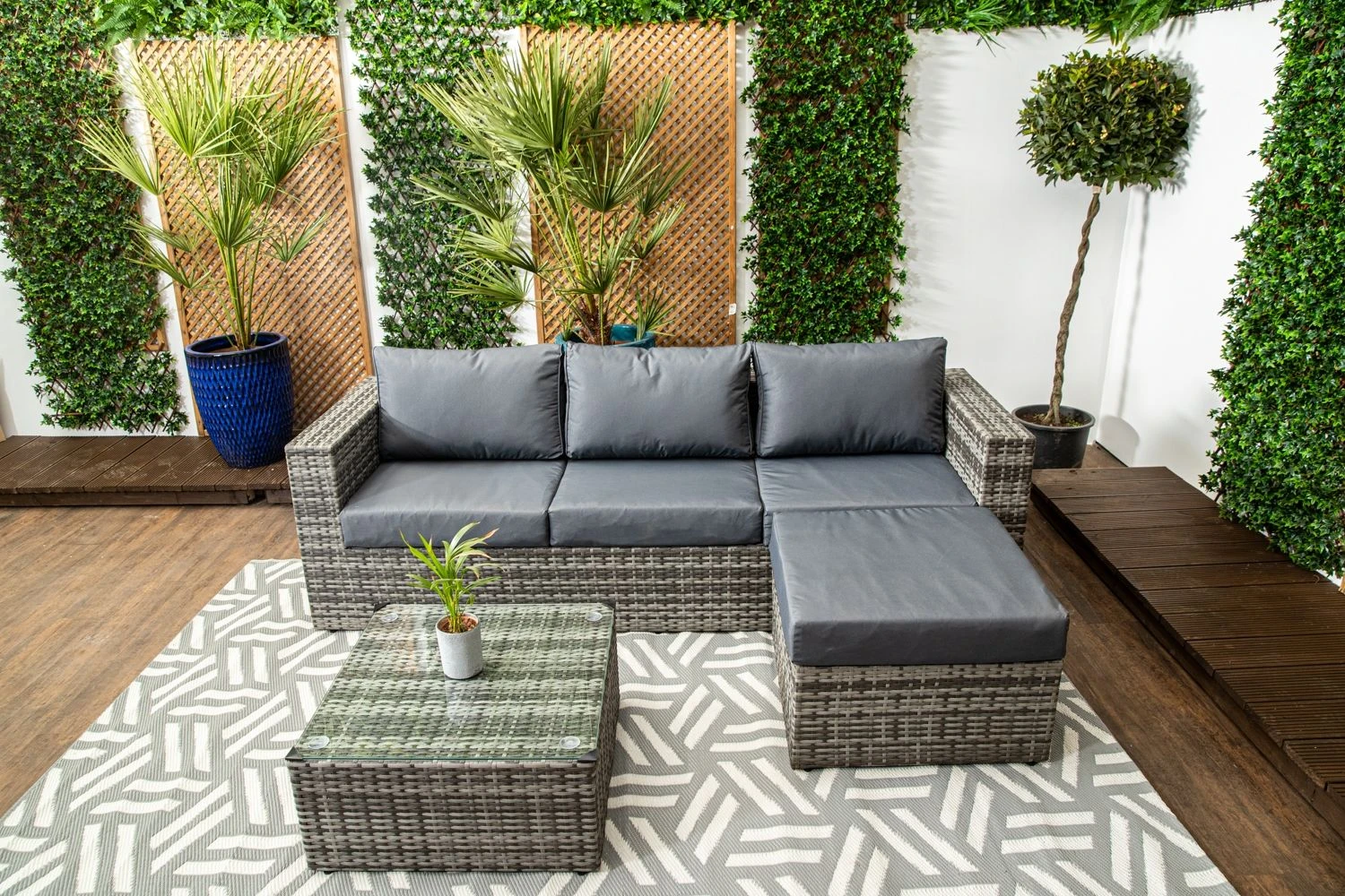 Barcelona - Grey Rattan Sofa Set With Glass Topped Coffee Table, Stool & Cushions - Image 2