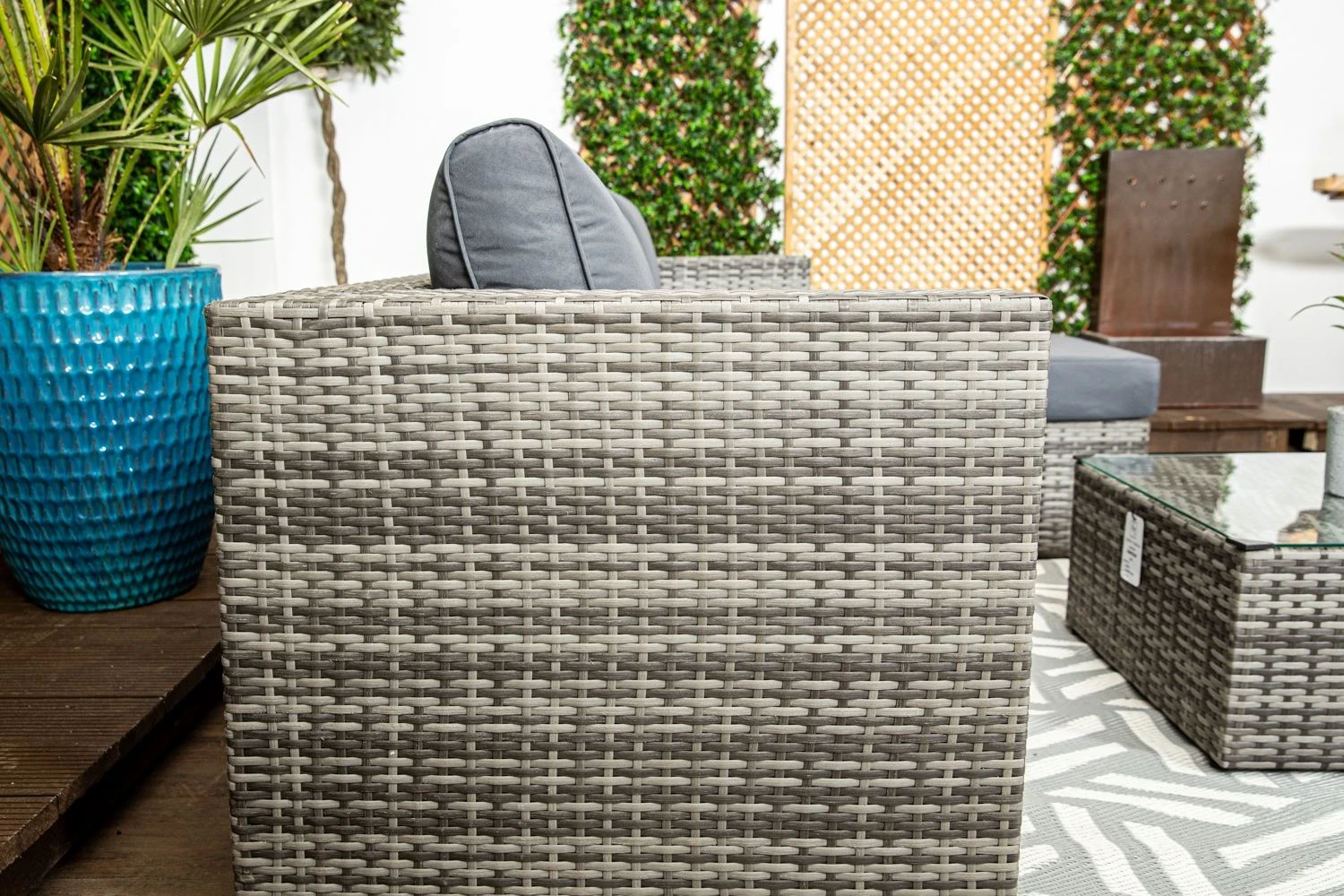 Barcelona - Grey Rattan Sofa Set With Glass Topped Coffee Table, Stool & Cushions - Image 6