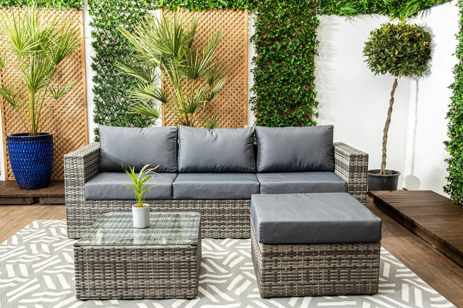 Barcelona - Grey Rattan Sofa Set With Glass Topped Coffee Table, Stool & Cushions - Image 9