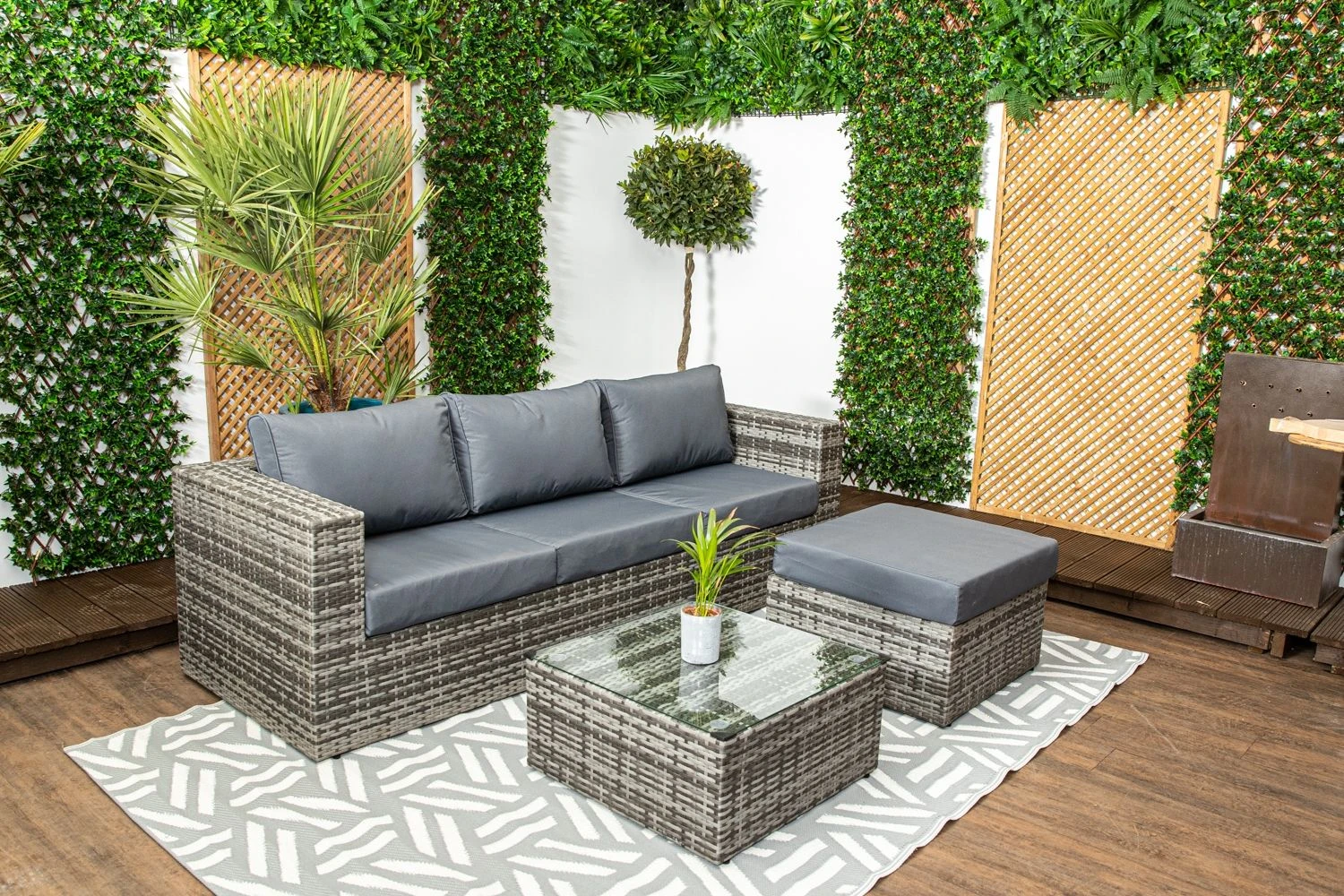 Barcelona - Grey Rattan Sofa Set With Glass Topped Coffee Table, Stool & Cushions - Image 10