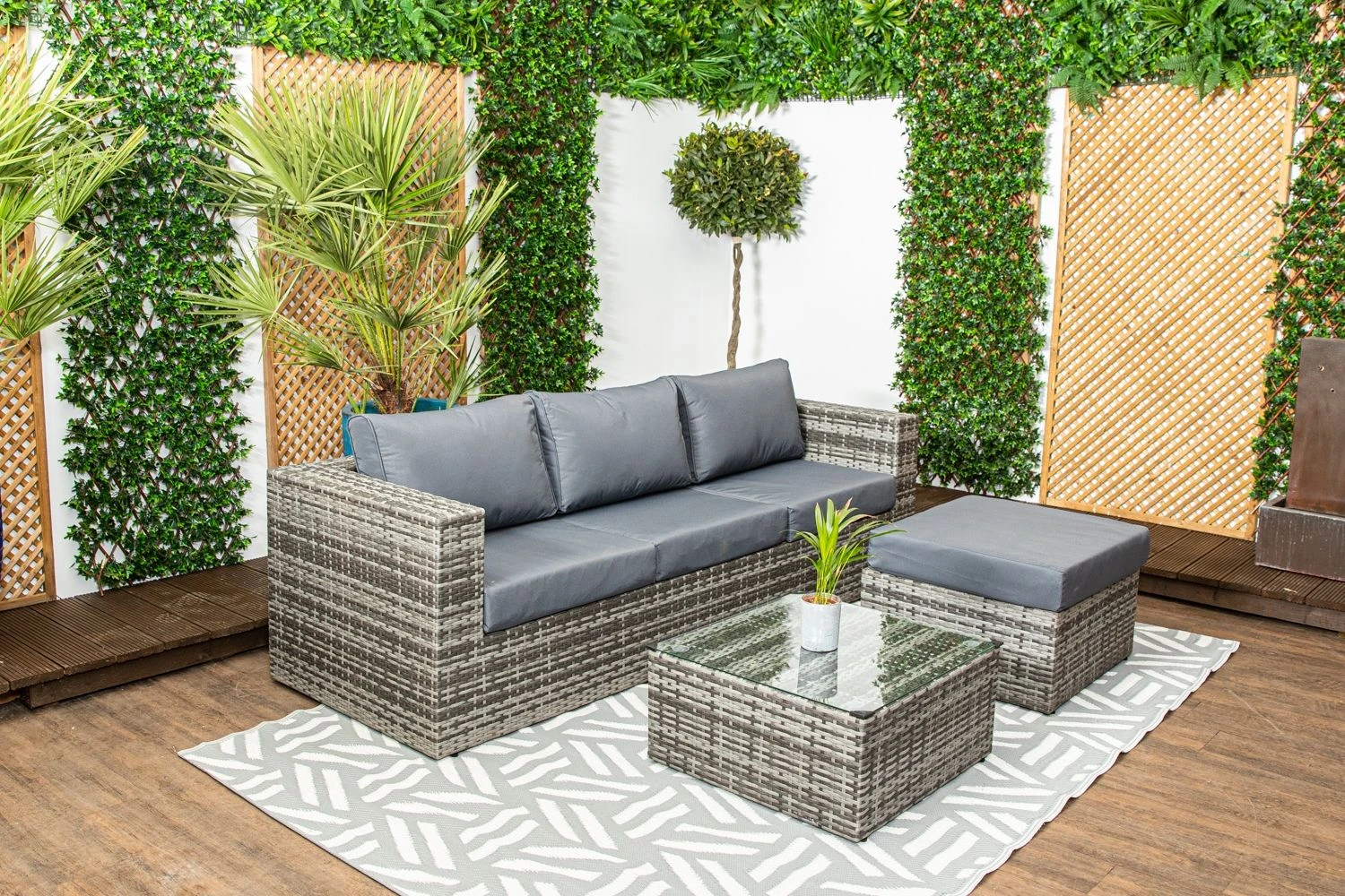 Barcelona - Grey Rattan Sofa Set With Glass Topped Coffee Table, Stool & Cushions - Image 11