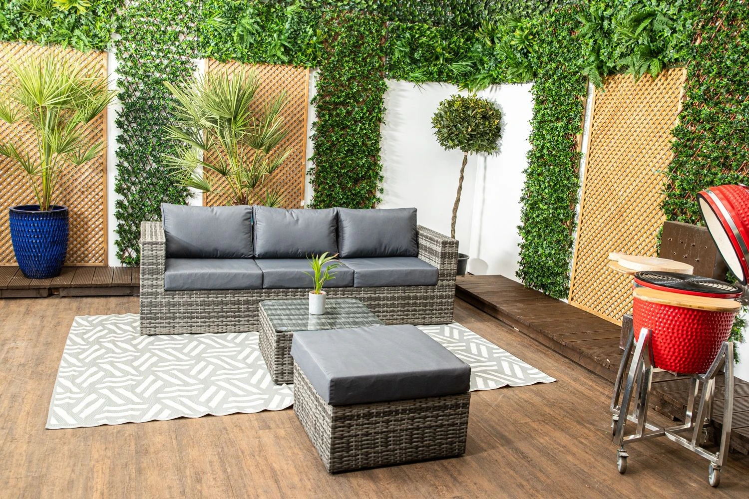 Barcelona - Grey Rattan Sofa Set With Glass Topped Coffee Table, Stool & Cushions - Image 12