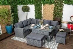 Tuscany - Grey Rattan Casual Dining Sofa Set - High Backed With Rising Dining Table, Bench, Stool & Cushions