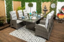 St. Tropez - Luxury Rattan Garden Furniture - Dining Table With Six Reclining Dining Chairs In Anthracite With Soft Grey Cushions