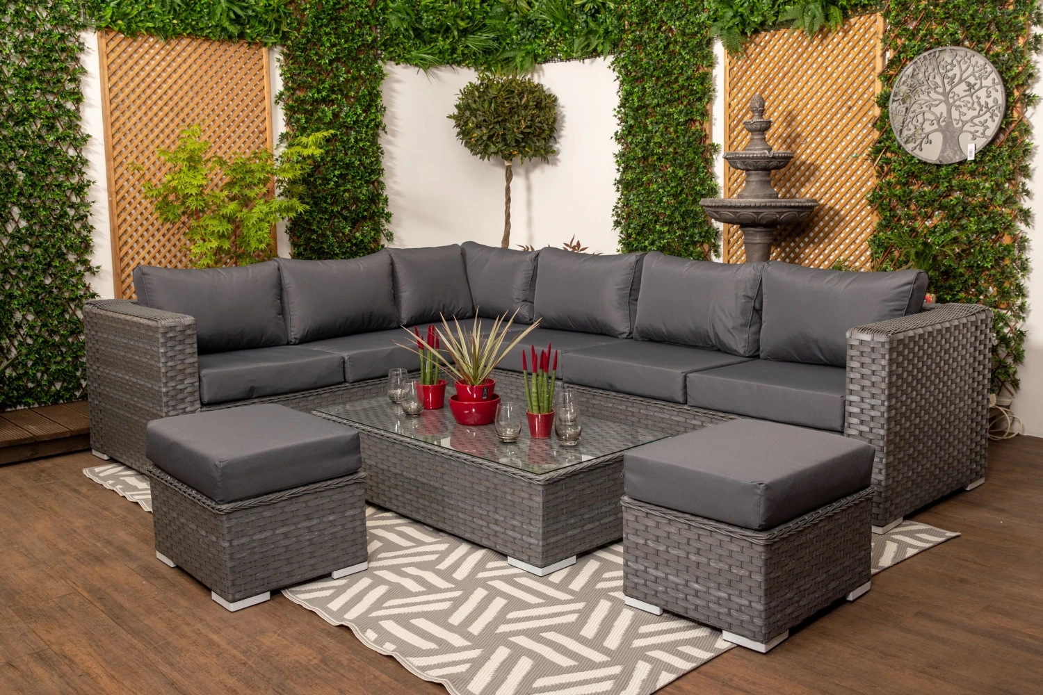Marseille - Large Grey Rattan 9 Seater Corner Sofa Set With Glass Topped Coffee Table, Cushions & Stools