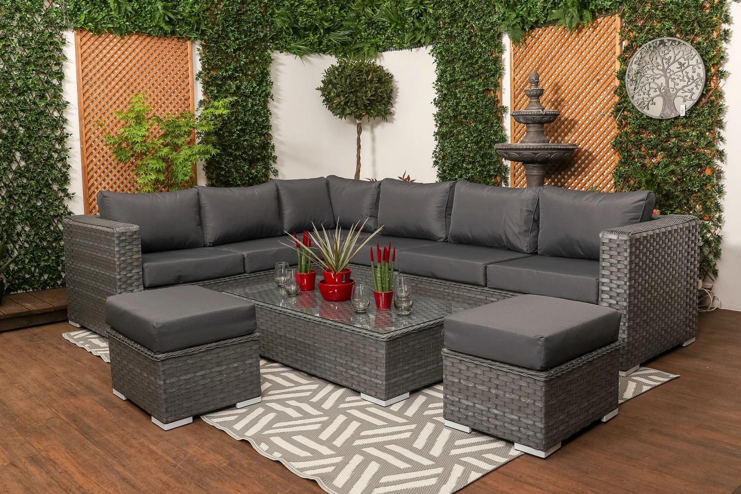 Marseille - Large Grey Rattan 9 Seater Corner Sofa Set With Glass Topped Coffee Table, Cushions & Stools - Image 2