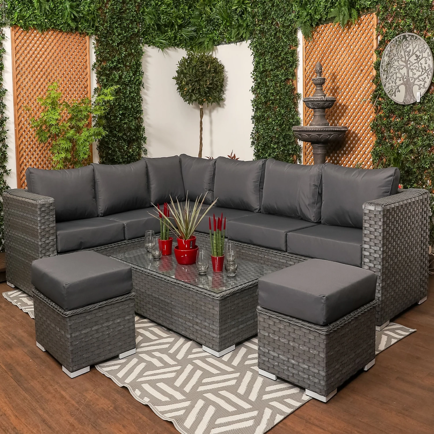 Marseille - Large Grey Rattan 9 Seater Corner Sofa Set With Glass Topped Coffee Table, Cushions & Stools - Image 3