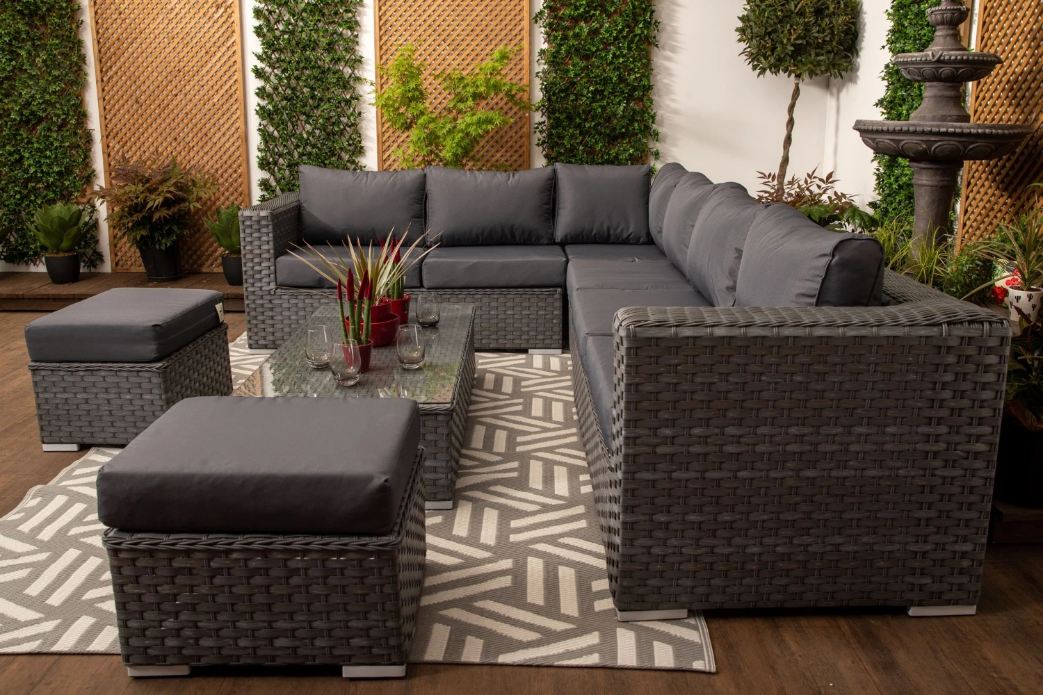 Marseille - Large Grey Rattan 9 Seater Corner Sofa Set With Glass Topped Coffee Table, Cushions & Stools - Image 5
