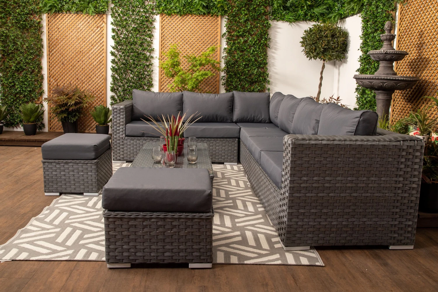 Marseille - Large Grey Rattan 9 Seater Corner Sofa Set With Glass Topped Coffee Table, Cushions & Stools - Image 7