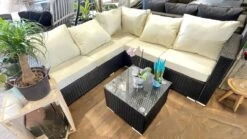 Mykonos - Black & Cream - Compact Corner Sofa Set In Classic Black Rattan With Glass Topped Coffee Table & Cream Cushions